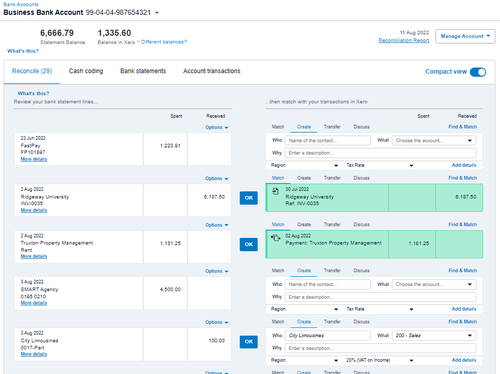 Screenshot of bank feeds in Cloud accounting software.