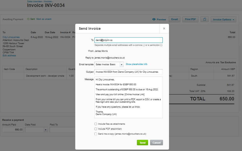 Screen shot of an example sales invoicing from Cloud accounting software.
